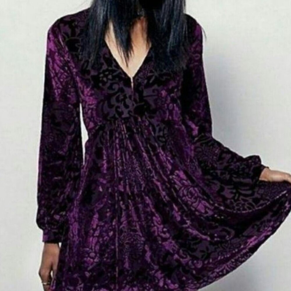 Free People Velvet Burnout Purple Goth Whimsigoth Pockets All Night Long Dress